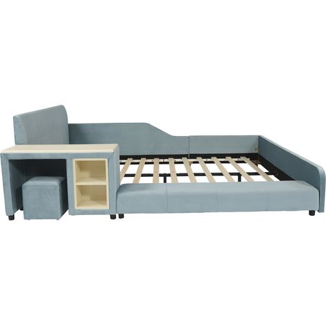 Cama infantil tapizada 140 x 200 cm de terciopelo azul con escritorio y taburete (1/5)