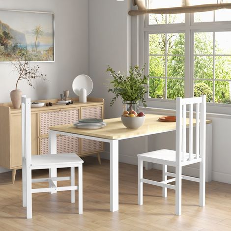 Set de 2 sillas de comedor de madera blanca con respaldo de listones, estilo rústico (1/5)