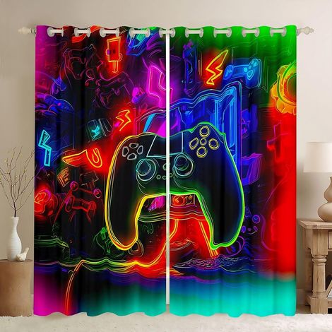 Rideau Occultant 140x260 cm Jeu Rideau Consoles de Jeu Lumières Néon Fluorescentes Vives Rideaux Voilage Gamer Voilage Fenetre Aquarelle Vintage pour Chambre Salon - 140L X 260H cm (2 Panneaux) (1/5)