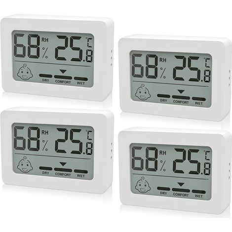 Lot de 4 mini thermomètres/hygromètres numériques d'intérieur avec indicateur smiley, chambre bébé, salon, blanc. (1/5)