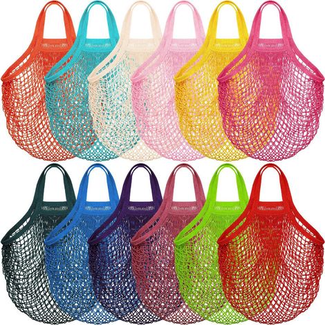 Sac filet coton lin 12 pièces aléatoires 40x35 cm, cabas réutilisable portable, maille solide pour courses légumes fruits jouets pique-nique (1/5)