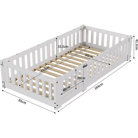 Lit enfant au sol 80x160 cm – Inspiré Montessori – Barrières de protection – Lit en pin massif lasuré – Sommier à lattes