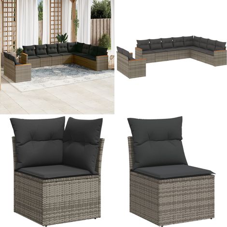 Salon de jardin avec coussins 10 pcs gris résine tressée - Salon De Jardin - Mobilier Extérieur - Salon D'extérieur - Set De Salon - Résine Tressée - Home & Living (1/5)