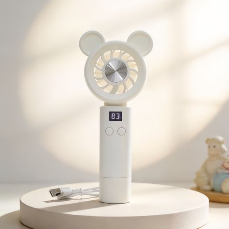 Tragbarer, wiederaufladbarer Ventilator mit digitalem Display in Weiß, niedlichem und kompaktem Design mit runden Ohren, stufenlos einstellbare Geschwindigkeit – ideal für den Sommer (1/2)