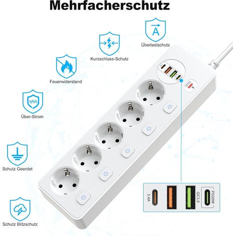 Steckdosenleiste mit 5 Schaltern (einzeln schaltbar), 4 USB Ladestation (2x USB-A & 2x USB-C, 20W PD), 2m Verlängerungskabel, Wandmontage,（weiß）