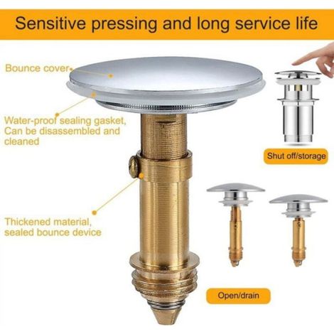 Bouchon de vidange pop-up - - Laiton massif - Finition chromée - 36-39 mm - Anneau en silicone (1/4)