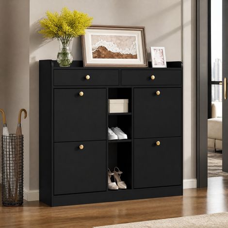 Schwarzer Schuhschrank mit 4 Klappen, 2 Schubladen und 3 Fächern, 110 x 26 x 100 cm HAVRYA (1/5)
