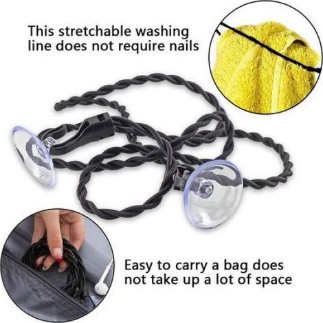 Corde À Linge Élastique - 2 M - Ventouses Et Crochets Inclus - Pour Camping Et Extérieur - 2 Pièces (1/5)