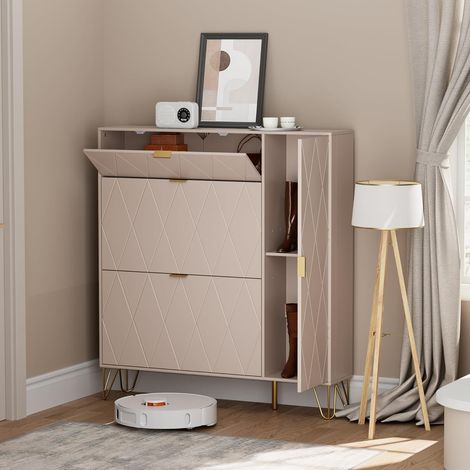 UEV Scarpiera Salvaspazio con 3 Ante a Ribalta, Scarpiera Ingresso da Portascarpe, Porta Scarpe per 16 Paia in Legno Ingegnerizzato Robusto, 105 x 24 x 120 cm, Beige Mocca