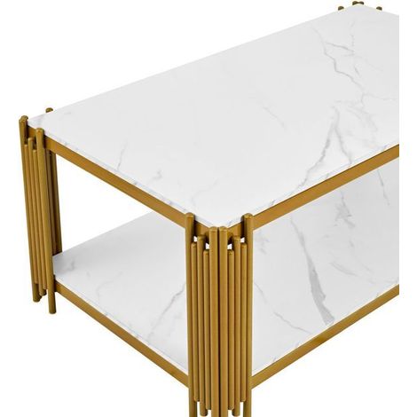 Table Basse Table de Salon plateau effet marbre forme rectangulaire pieds en métal style moderne blanc et doré (1/4)