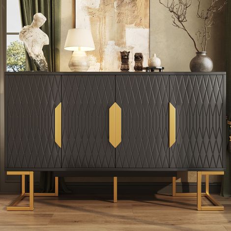 Buffet moderne bleu/noir, 140x40x80 cm, avec quatre portes et deux étagères réglables en hauteur. (1/5)