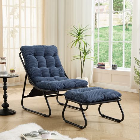 Poltrona da esterno con ottomano, struttura in acciaio, cuscino blu navy, nero DESVIAE (1/5)