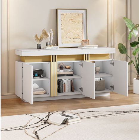 Buffet 140x38x70 cm blanc en panneaux de particules avec 3 portes, 6 compartiments et étagères réglables (1/5)