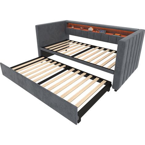 Canapé-lit multifonctionnel 90 x 190 cm avec lit escamotable, port USB Type-C, éclairage LED d’ambiance, revêtement en velours et espace de rangement – design élégant pour salon, chambre d’amis ou cha (1/5)
