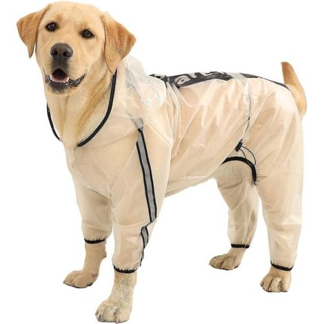 Imperméable pour chien, poncho imperméable à capuche pour chien, veste de pluie 4 pattes pour chien avec bande réfléchissante, vêtements de pluie et de neige transparents et résistants à l'eau pour ch (1/4)