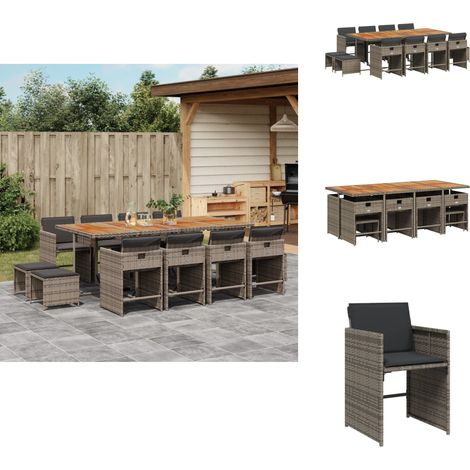 13-tlg. Garten-Essgruppe mit Kissen Grau Poly Rattan - Gartenmöbel Set - Gartentisch - Gartenstühle - Gartenhocker - Rattan Möbel (1/5)