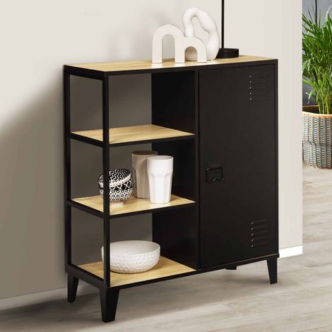 ESTER aparador con 3 estantes y armario de metal negro, diseño industrial tapa de madera 70 cm (1/5)
