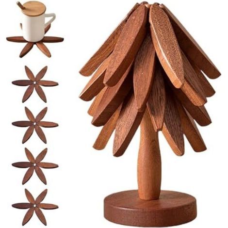 Set of 4 wooden trivets in the shape of a Christmas tree, foldable and equipped with a stand, anti-scalding and non-slip, for teapots, saucepans, frying pans (1/5)