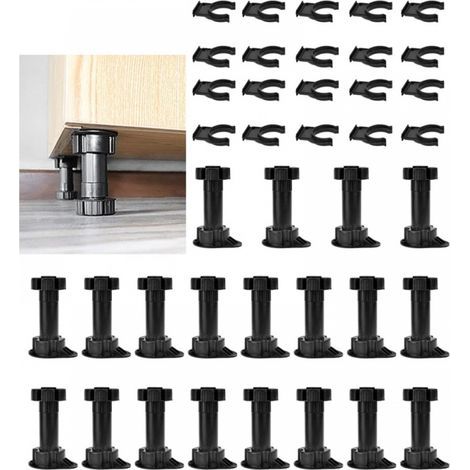 Adjustable furniture feet, 100-120 mm, black plastic, with 20 base clips for furniture, cabinets, kitchens, sofas, 20 pieces (1/5)