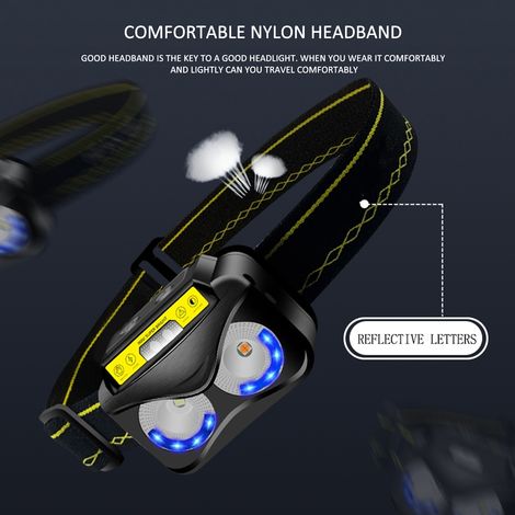 Lampe Frontale - Angle De Lumière Réglable 180° - Batterie Lithium Intégrée - Recharge USB - Bande Réfléchissante - 1 Pièce (1/5)