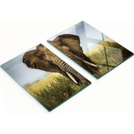 Planches à découper en verre résistantes et élégantes, motif éléphant et savane, 2 x 40 x 52 cm (1/5)