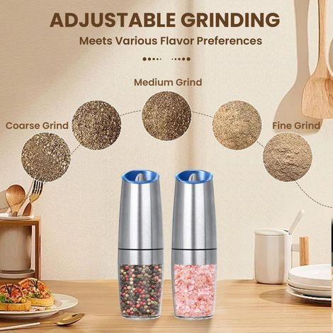 Ensemble de moulins à sel et à poivre électriques à gravité, automatiques, fonctionnant sur piles, mouture réglable, lumière LED, lot de 2 (argenté) (1/5)