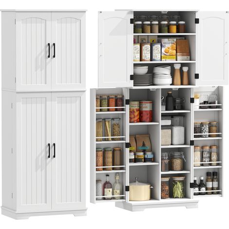 Beyamis Hochwertiges Buffet, Küchenschrank, 4 Türen, 10 Fächer, 8 Gewürzregale und verstellbare Einlegeböden, 60 x 35 x 162 cm, weiß