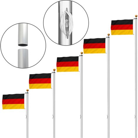 Jiubiaz Mât porte-drapeau argenté 6,5 m, aluminium, 6 sections Ø 50 mm, poulie, drapeau Allemagne et accessoires (1/5)