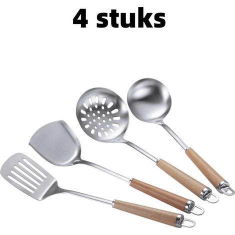 Set of 4 stainless steel kitchen utensils including spatula, spoon, skimmer and serving spoon, silver color (1/5)