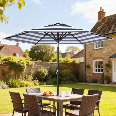 Parasol de Jardin Ø230x216 cm avec Ouverture Manuelle Angle Réglable et Imperméable pour Terrasse Piscine Bleu et Blanc (1/5)