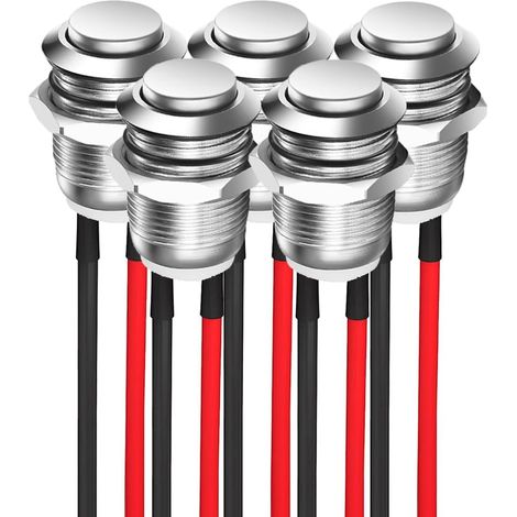 5 Pièces Interrupteur Bouton-Poussoir Pré-câblé 12mm, 2A, 12-250V AC, Autobloquant, Étanche (1/4)