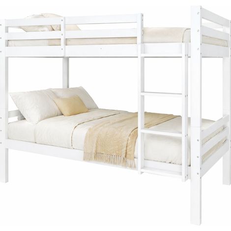Etagenbett 90x200 cm aus Holz, 2 Schlafplätze mit 3-stufiger Leiter und Rausfallschutz, teilbar in 2 Einzelbetten, ohne Matratzen, Weiß (1/5)