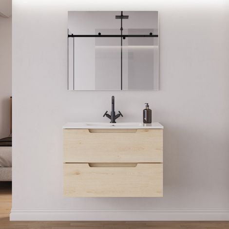 Meuble de salle de bain 80cm simple vasque - 2 tiroirs - roble calima (bois clair) - SONRIZA (1/5)