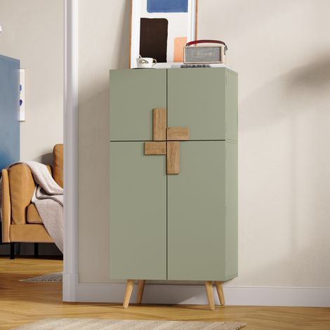 Armoire haute de cuisine 60x35x120 cm avec 4 portes, grand rangement, étagères réglables, rangements de porte, façades géométriques, MDF vert (1/5)