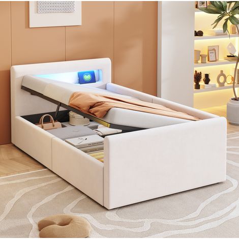 MEUBLIV Lit enfant rembourré 90 x 200cm, lit simple avec LED et USB, espace de rangement sous le lit, velours beige, dossier latéral réversible (1/5)