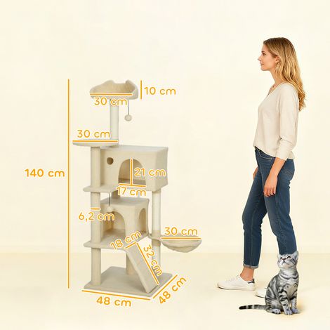 Arbre à chat 140 cm avec hamac, échelle, grotte, 2 balles en peluche, poteaux en sisal, 48 x 48 x 140 cm, beige (1/5)