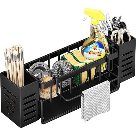 Spülbecken-Schwammhalter, multifunktionaler Spülbecken-Organizer mit abnehmbarem Handtuchhalter und Bürstenhalter, Ablage für das Spülbecken mit automatischer Abtropfschale, Schwarz (1/5)