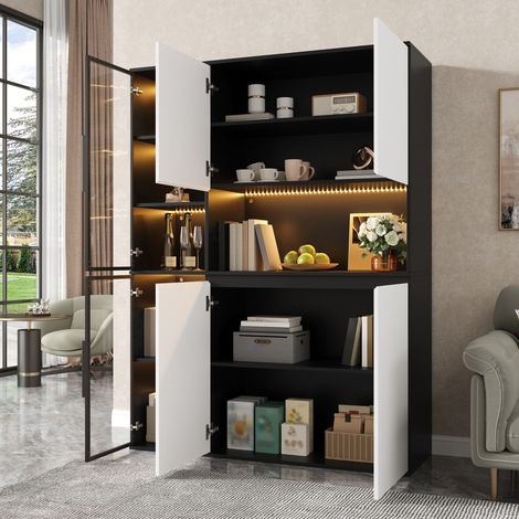Meuble de rangement haut noir et blanc, vitrine buffet avec portes en verre et éclairage LED, structure MDF, spacieux pour salle à manger ou salon (1/5)