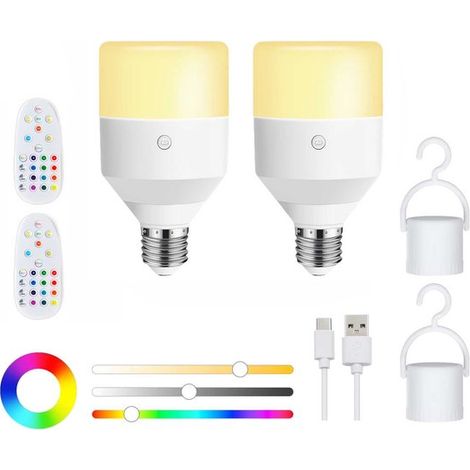 Lámpara LED portátil con 2 bombillas recargables E26, control remoto, regulable, 11 colores, 3 temporizadores, batería de 2000 mAh, para uso en interiores y exteriores. (1/3)