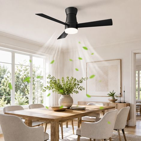 Ventilateur de plafond LED 52 pouces 106,6 cm noir, 3 pales, moteur DC silencieux réversible, 6 vitesses, lumière dimmable 3000K-6500K, minuterie 1/4/8 h, télécommande