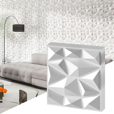 Confezione da 50 pannelli da parete quadrati 3D 30 x 30 cm, decorazione da parete per interni in PVC ignifugo con motivo a diamante per tagli creativi, bianco (1/5)