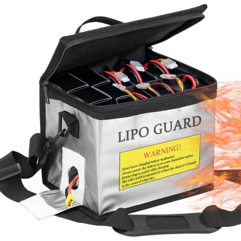 Safe Bag,Sac Ignifuge et Antidéflagrant Bac Batterie Pochette Anti Feu Protection Sac Batterie avec Double Fermeture et Bandoulière réglable pour Le Chargement et Rangement Piles (1/5)
