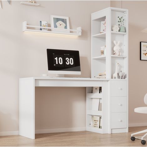 Scrivania con libreria 120x50x180 cm bianca in MDF con 3 cassetti e mobile laterale (1/5)