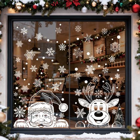 Autocollants de Noël, autocollants blancs pour portes vitrées avec le Père Noël, autocollants statiques flocons de neige et bonhommes de neige, décorations d'hiver pour fenêtres.