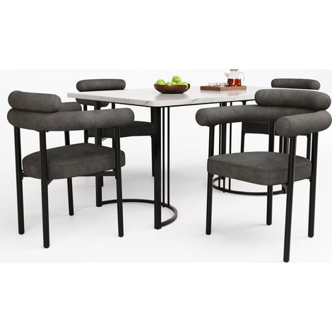 Ensemble salle à manger 5 pièces, chaises grises en tissu suédé avec dossier ajouré, pieds en métal design, 4 fauteuils élégants et confortables pour restaurant.