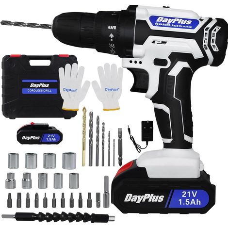 Perceuse Visseuse Sans Fil 21V avec 2 Batteries 1500mAh, Tournevis Électrique 45Nm Kit d'outils de Tournevis Combiné BRICOLAGE avec 29 Accessoires, Réglage du Couple 25+1, Mandrin 3/8", 2 Vitesses, Lu