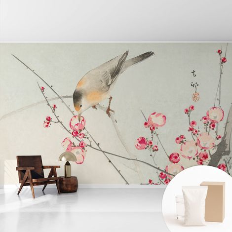 Papier peint intissé décoratif pour chambre et salon Design moderne à poser facilement - Colle incluse gratuite Oiseau fleuri 416x254 cm (1/5)