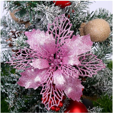 (Rose) Lot de 12 Fleurs Poinsettia artificielles à Paillettes pour Sapin de Noël, 16 cm de diamètre