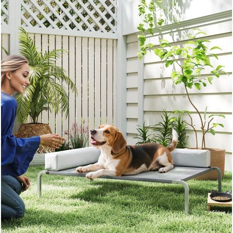 Cama elevada para perro (110x75x30 cm), con apoyo en L, malla transpirable, poliéster, gris claro (1/5)
