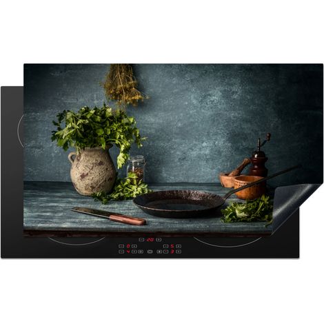 Induction Hob Protector Herbs - Spices - Pan - Knife - Gray - Rustic 89.6x51.6 cm